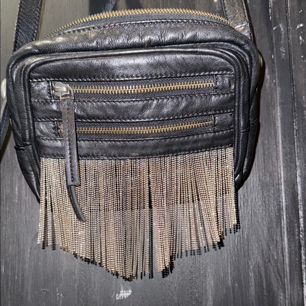 Free People Black Leather Crossbody Bag with Chain Fringe